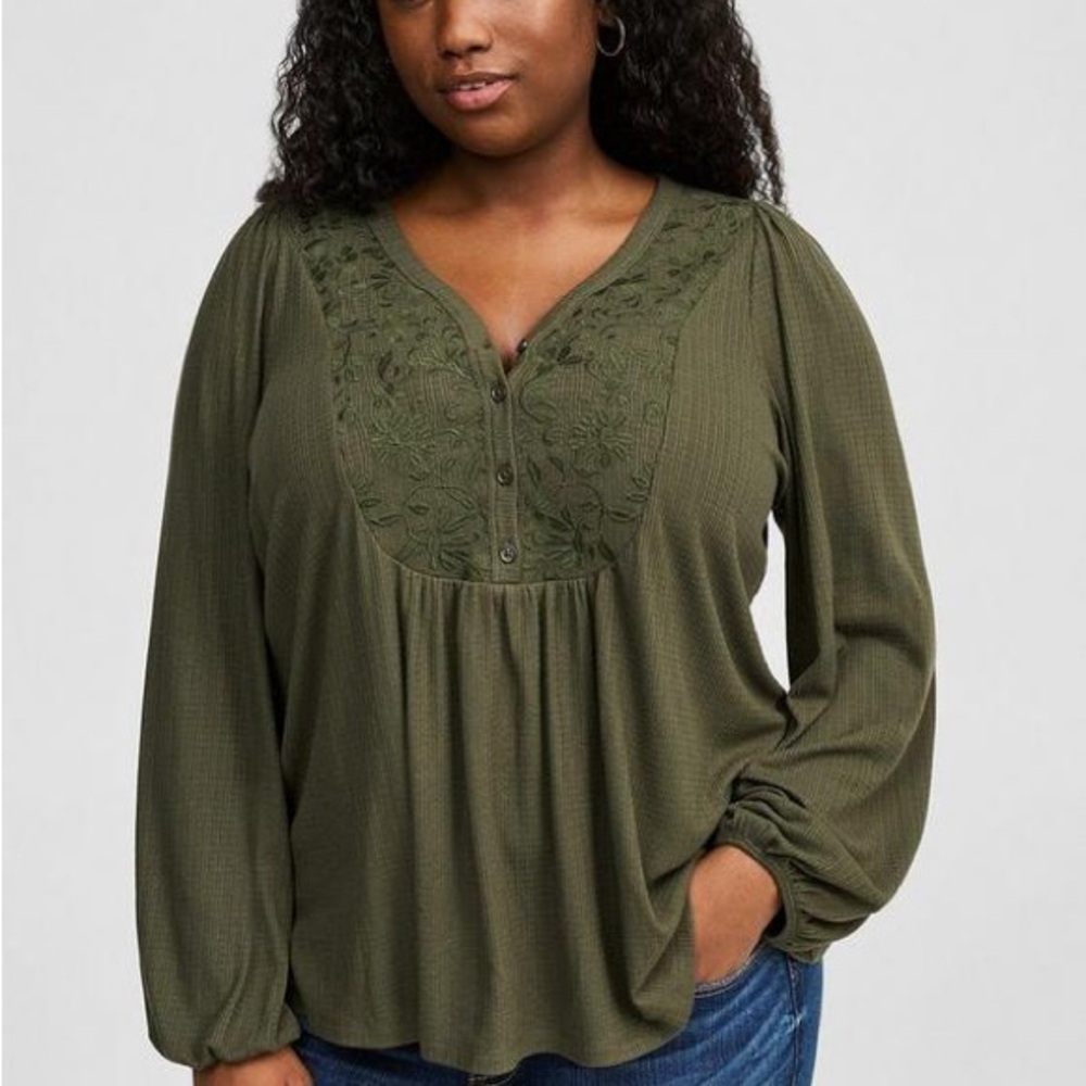 Torrid Olive Embroidered Long Sleeve Top